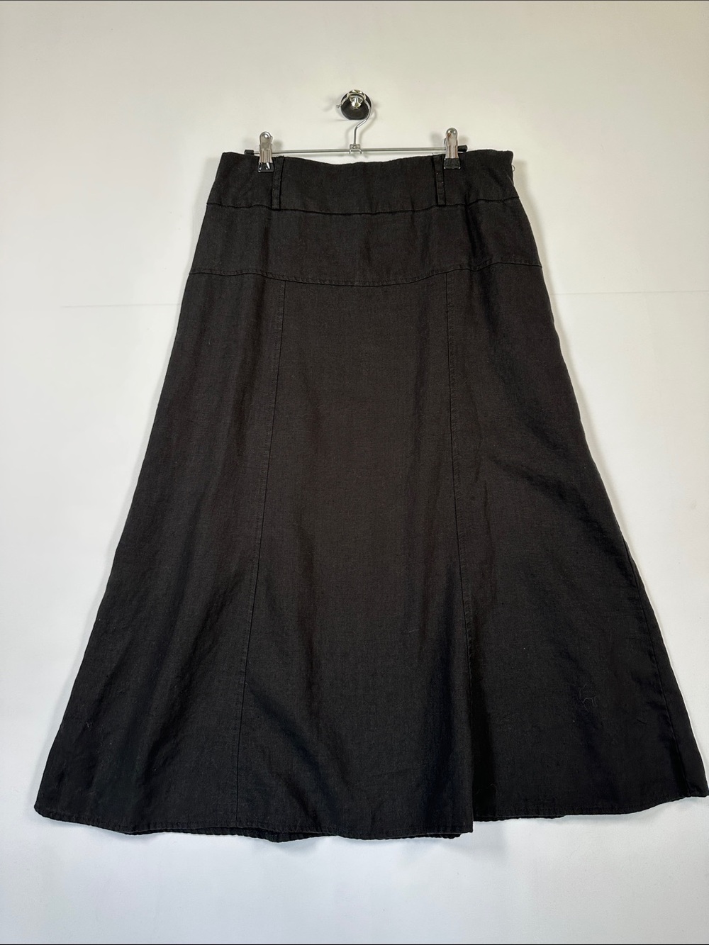 For Cynthia Black 100% Linen A-Line Midi Skirt Minimalist Panel Seam M Flowy
